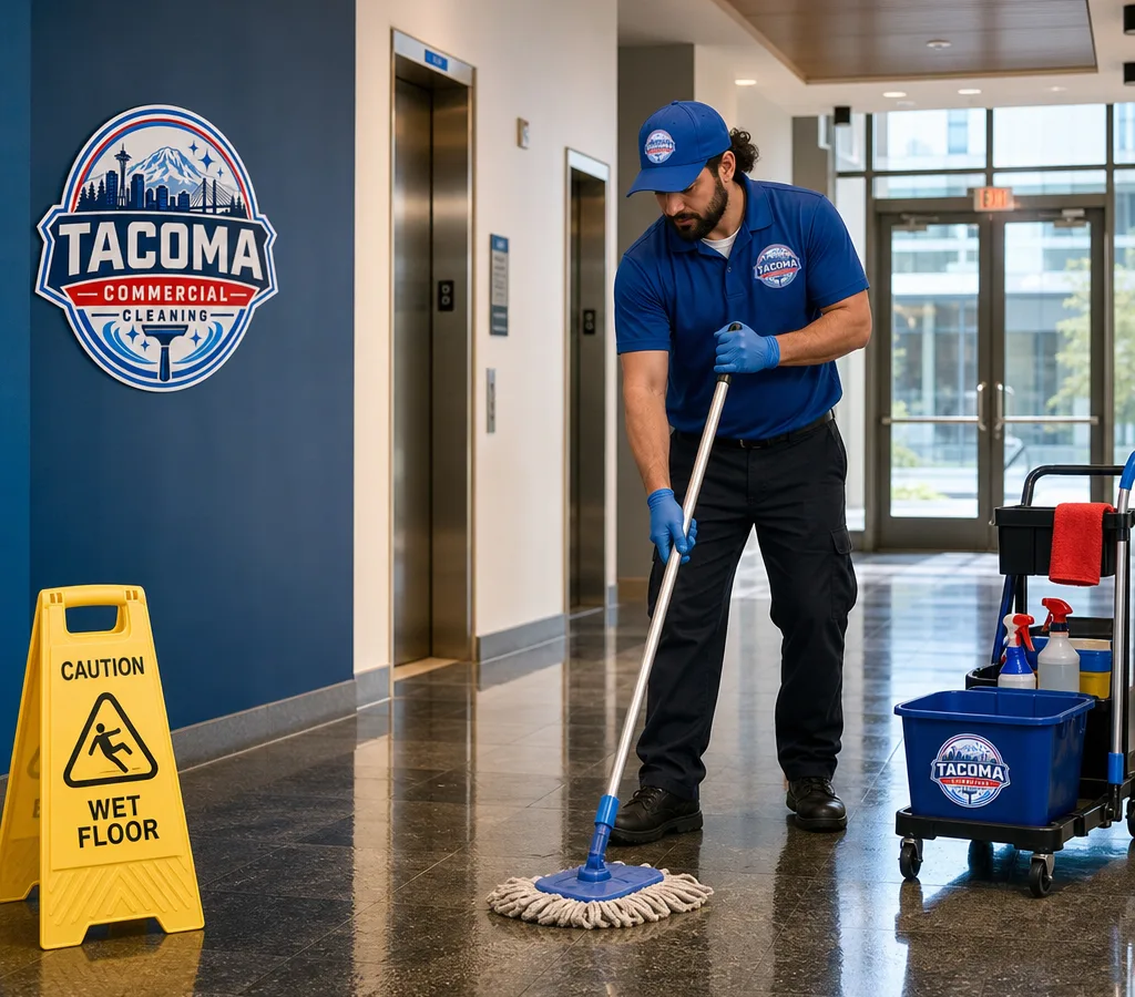 Commercial cleaner mopping and detailing a Tacoma office building lobby corridor with wet floor signage