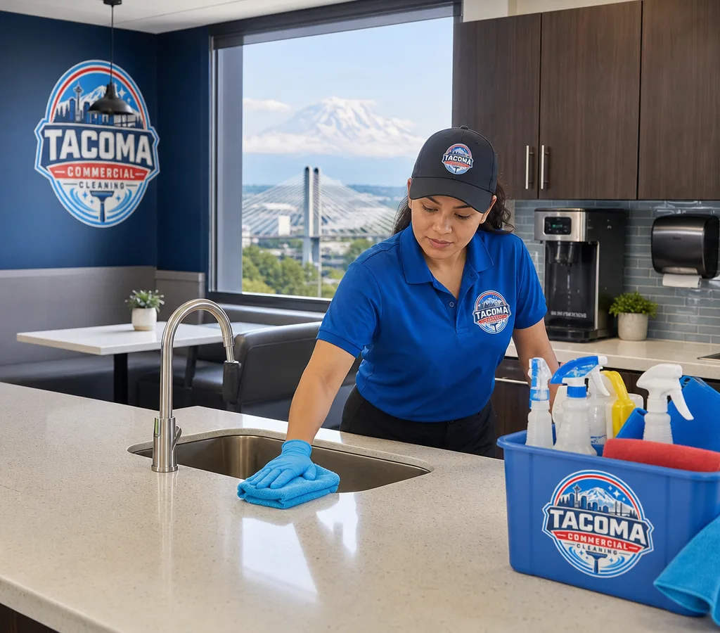 Professional cleaner detailing a commercial breakroom counter and sink in a Tacoma workplace