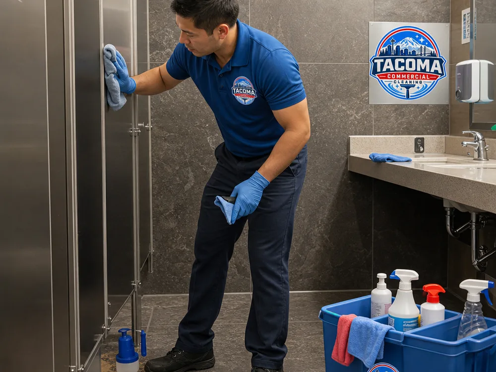 Cleaner performing detailed restroom deep cleaning in a commercial facility