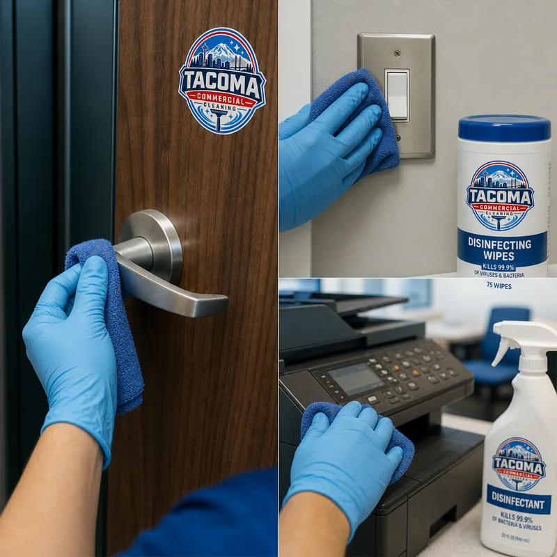 Disinfected office door handle, light switch, and shared printer area