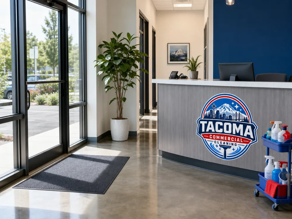Clean office reception and lobby with a vacuumed entry mat and polished hard floors