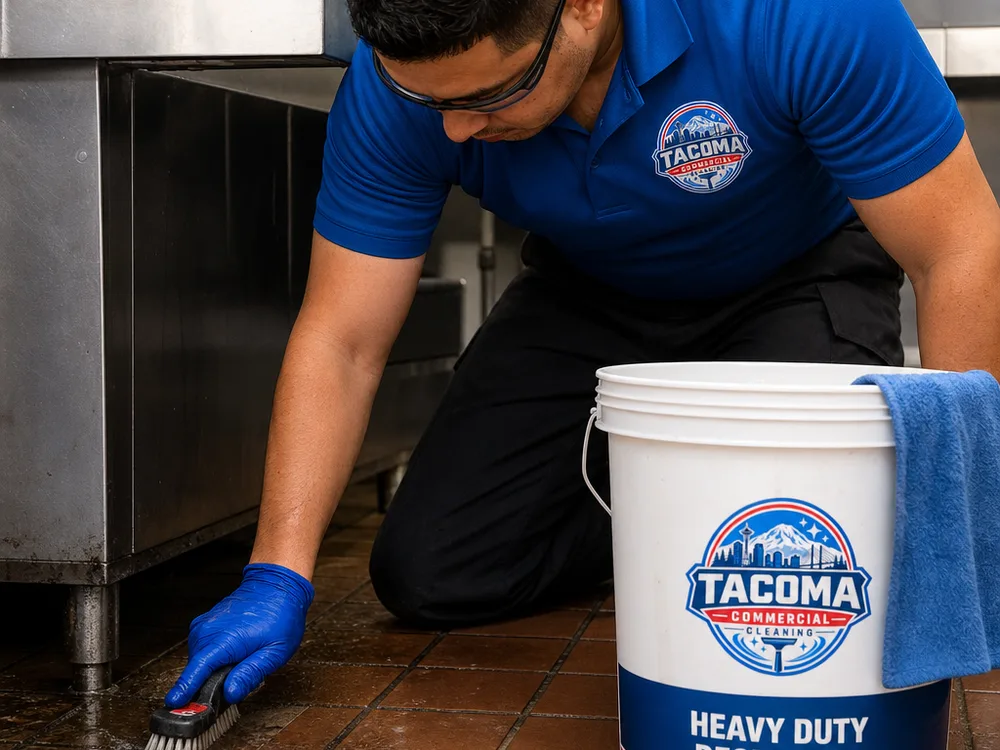 Technician detail-scrubbing greasy tile grout and floor edges beside a stainless prep line