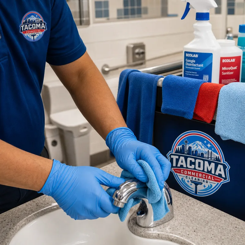 Gloved janitorial technician disinfecting restroom fixtures with labeled chemicals and color-coded microfiber supplies