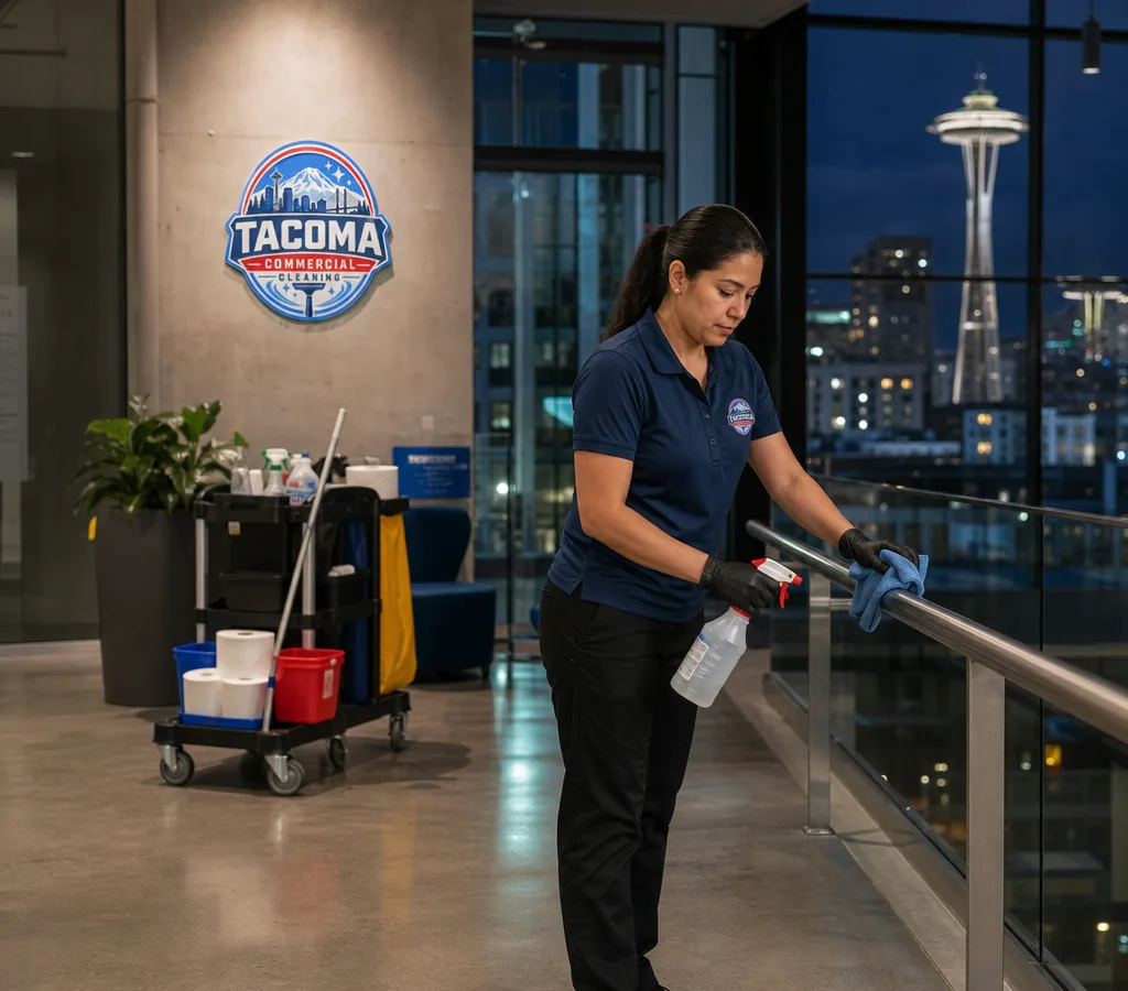 Janitorial technician restocking supplies and wiping high-touch points in a modern Tacoma office lobby after hours