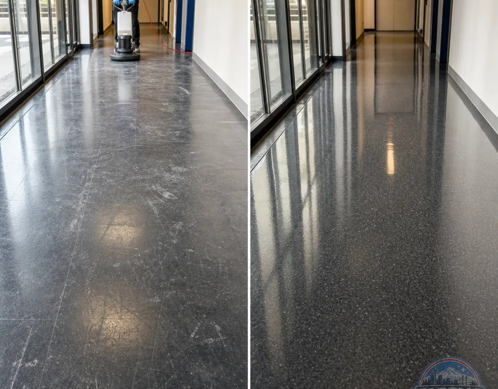 Before and after view of a Tacoma corridor floor with reduced scuffing and more even gloss after polishing