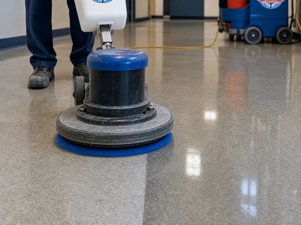 Rotary floor machine creating a defined shine line on a resilient commercial floor
