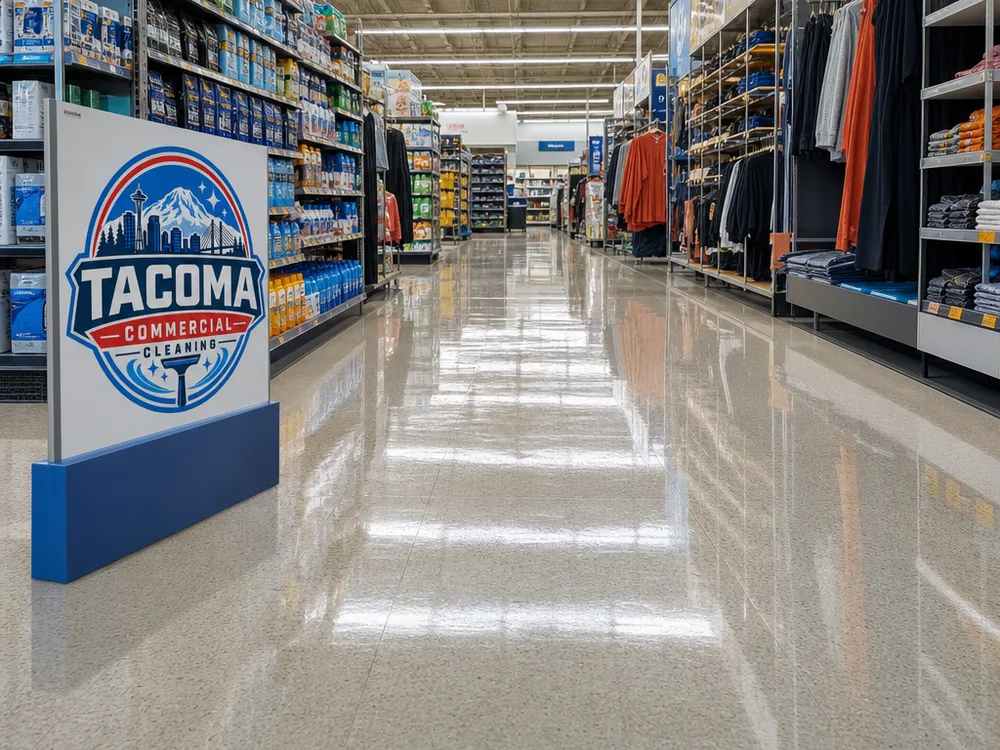 Retail aisle with consistent floor shine and no visible swirl marks after buffing and burnishing