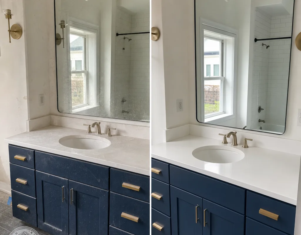 Before-and-after example of construction dust removed from a newly built bathroom vanity, mirror edges, fixtures, and trim