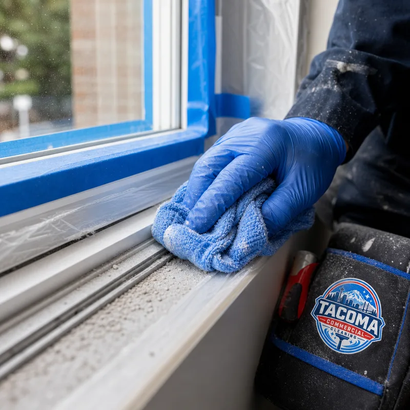Cleaner detailing window tracks and removing fine drywall dust from a newly installed window frame