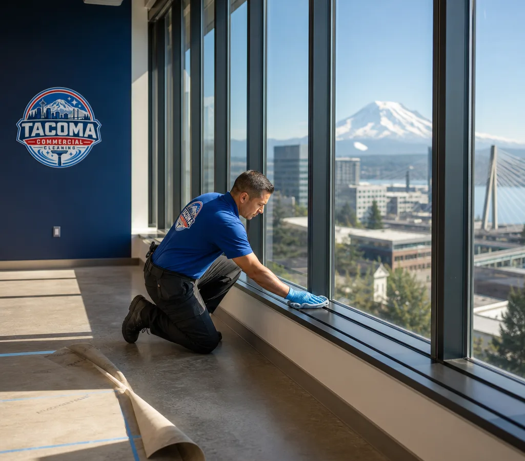 Cleaner removing fine construction dust from trim and window sills in a newly finished Tacoma commercial interior