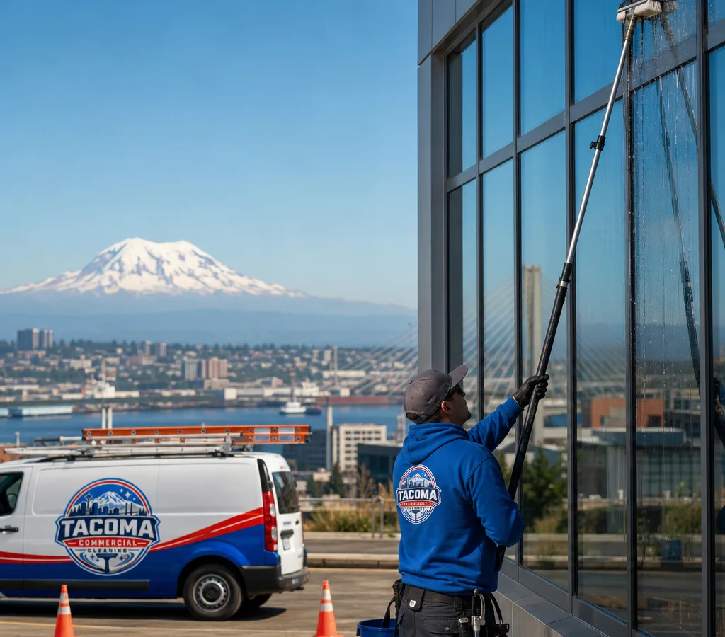 Technician cleaning exterior glass on a mid-rise commercial building in Tacoma using a water-fed pole system, with safety cones at street level