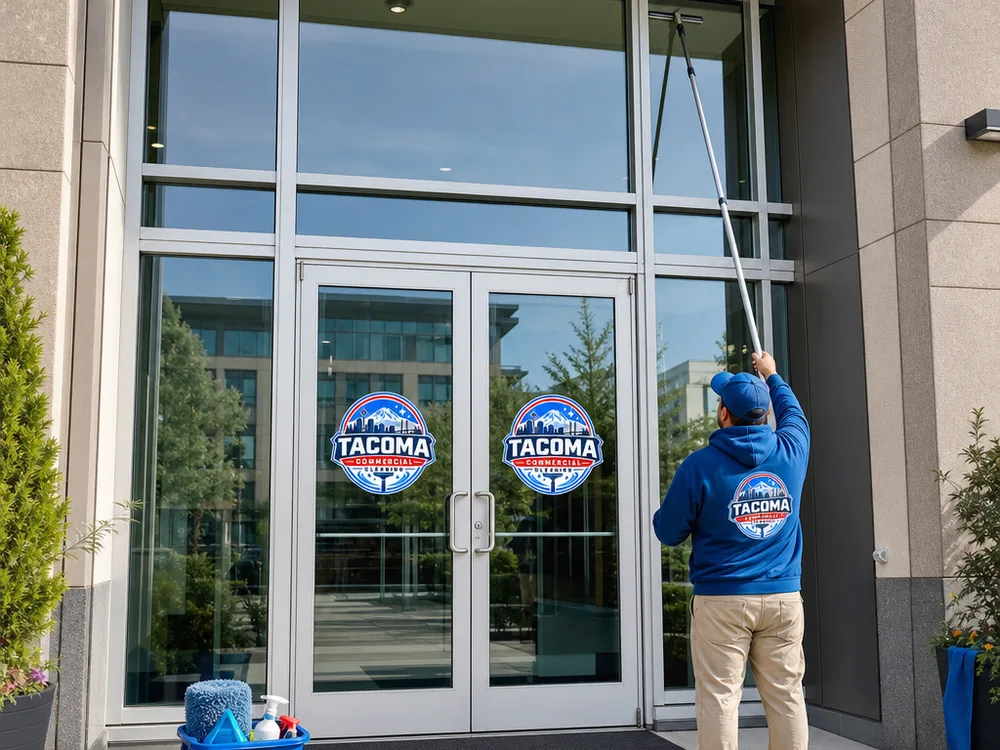 Clean exterior glass on an office building entry with doors, sidelites, and transom panes uniformly clear and drip-free