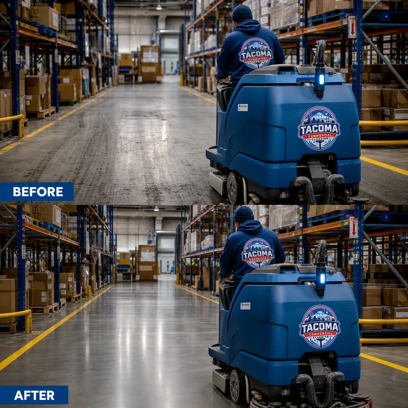 Clean, dry warehouse traffic lane after auto-scrubbing with reduced tire marks near racking