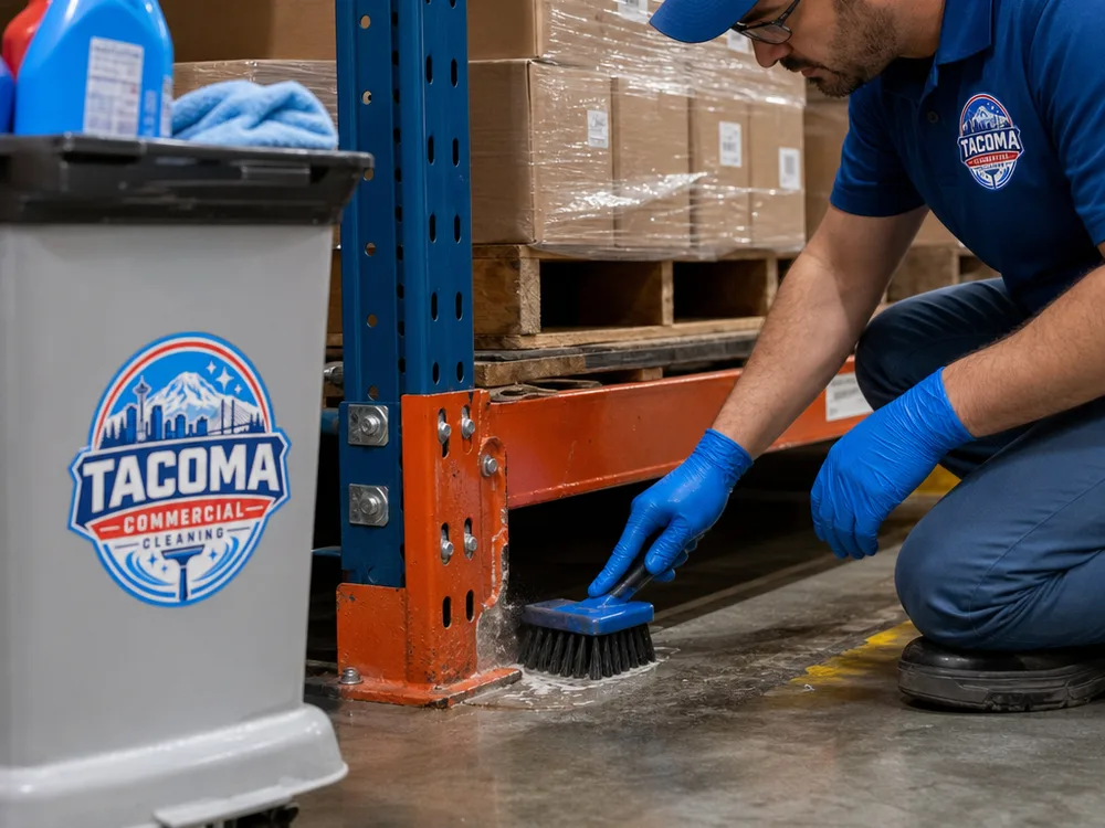 Technician detailing warehouse floor-edge buildup with a scrub brush beside industrial racking