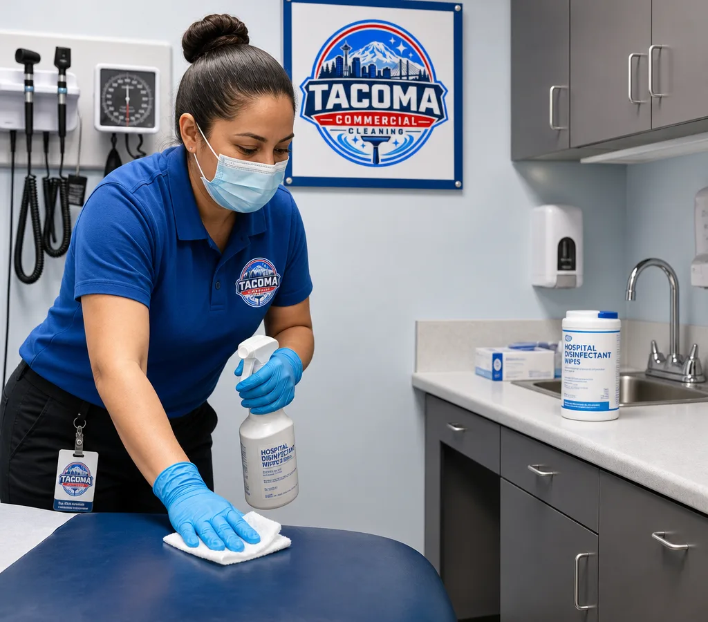 Professional cleaner disinfecting an exam room touchpoint area with clinical disinfectant and PPE