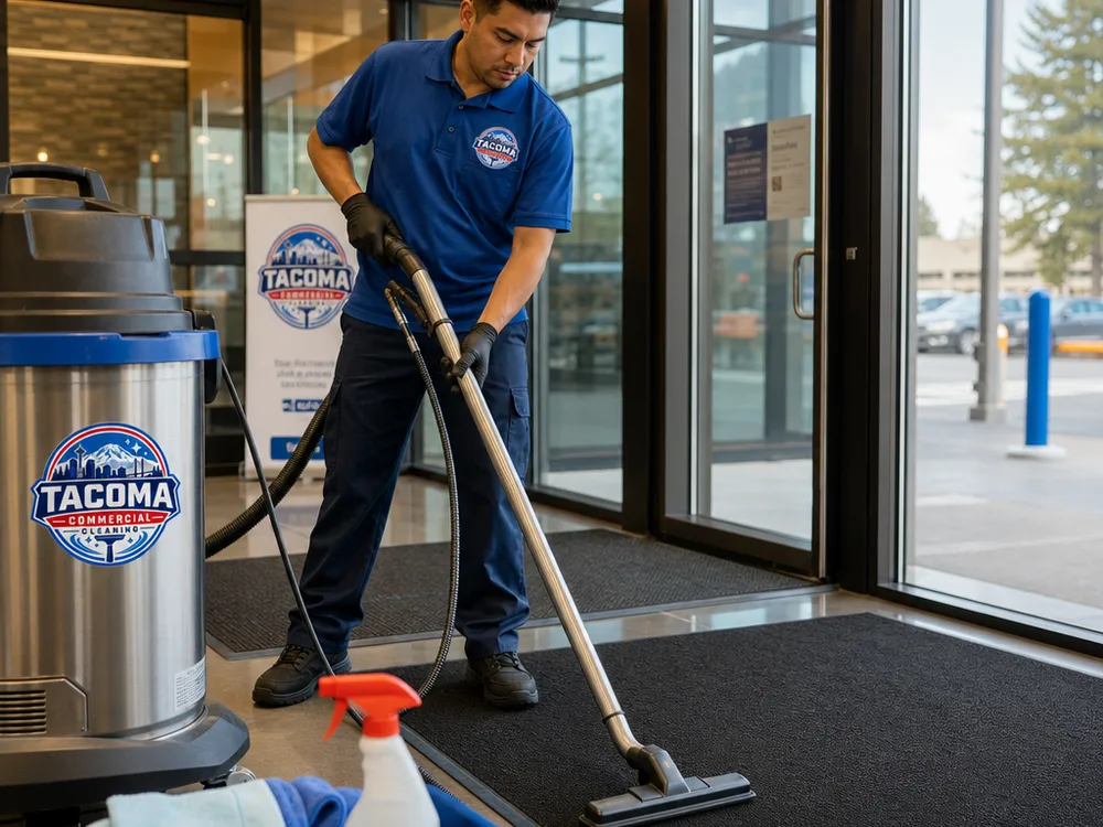 Cleaner detailing a shopping center entry vestibule and wet-weather track-in area near glass doors