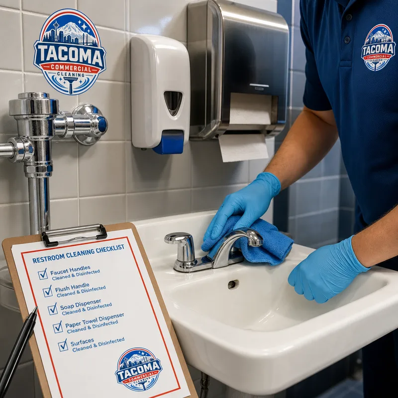 Cleaned and disinfected school restroom fixtures and dispensers with a checklist clipboard