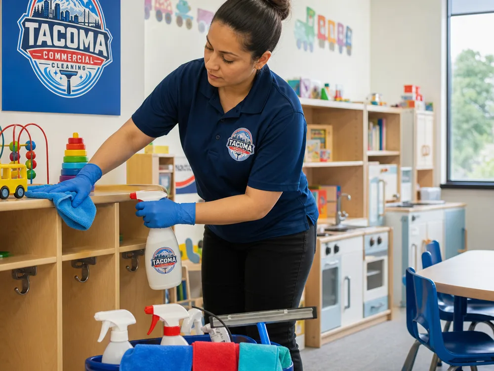Cleaner sanitizing child-height touch points in a Tacoma daycare room with color-coded microfiber cloths