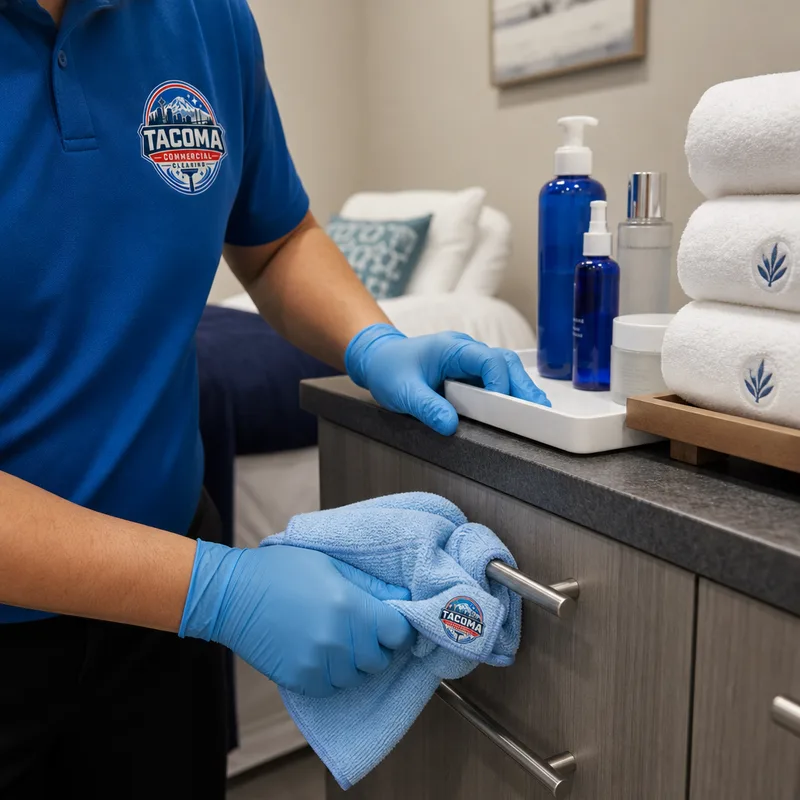 Cleaner disinfecting a spa treatment-room counter and high-touch cabinet pulls with labeled microfiber cloths