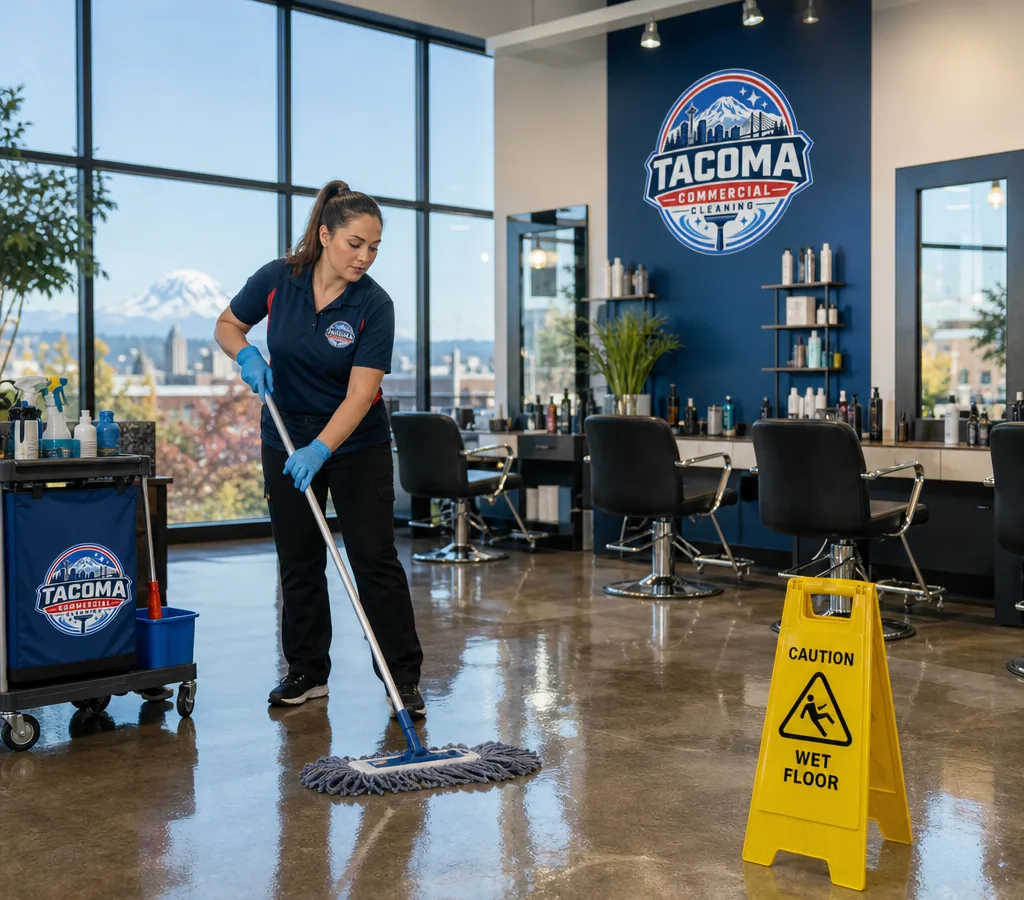 Tidy Tacoma salon with clean styling stations, disinfected chairs, spotless mirrors, and a freshly mopped floor