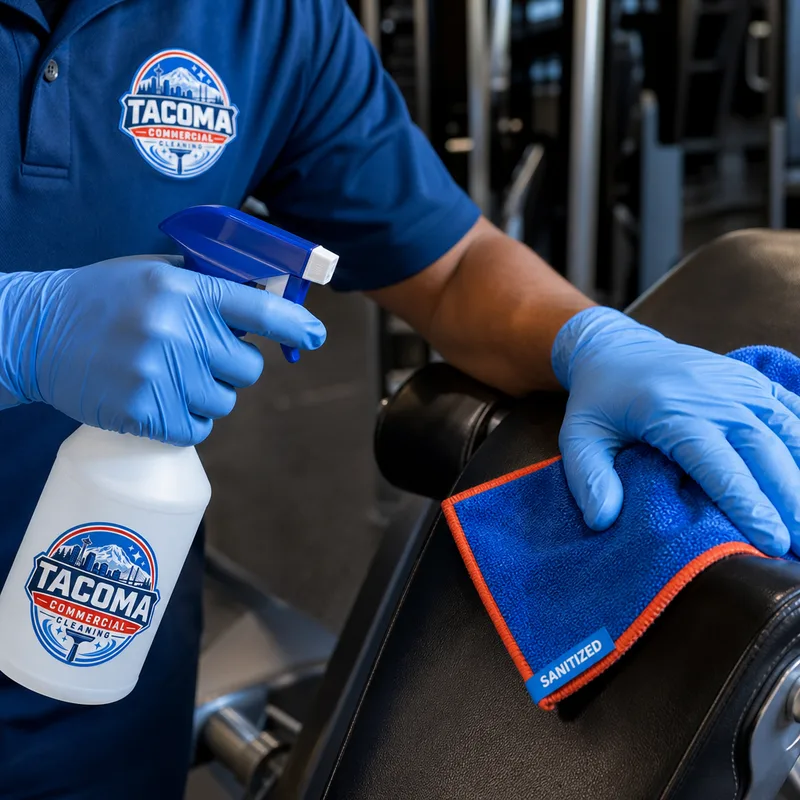 Technician carefully disinfecting a gym bench and machine grips with microfiber cloths