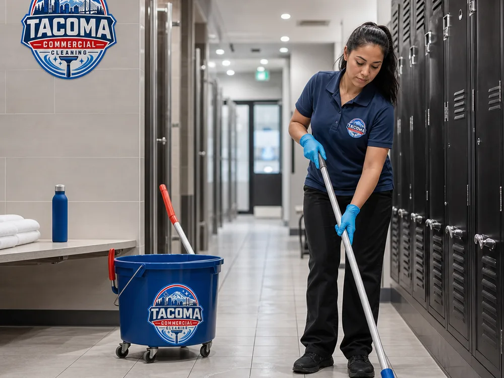 Clean locker room corridor with spotless fixtures and dry tile floors