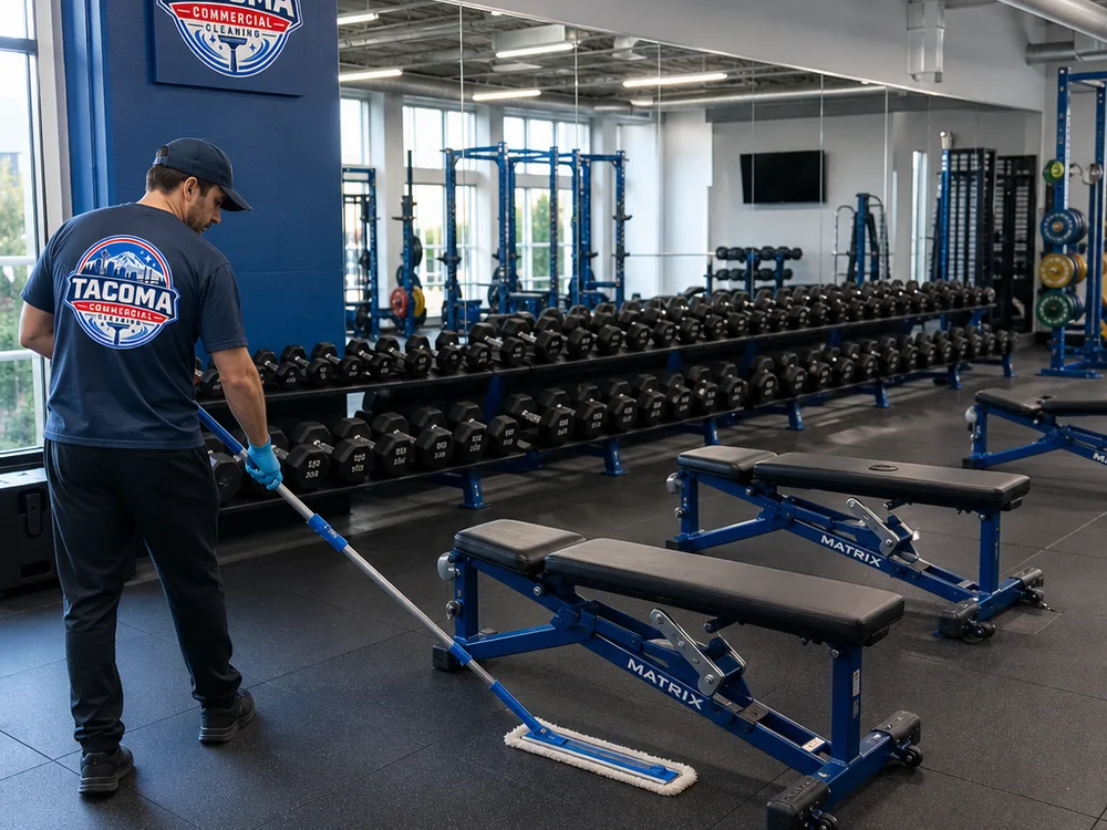 Clean free-weight area with organized racks, wiped benches, and spotless mirrors