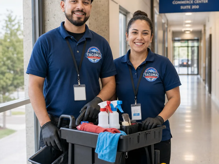 Two-person commercial cleaning team beside a janitorial cart in a Tacoma commercial hallway