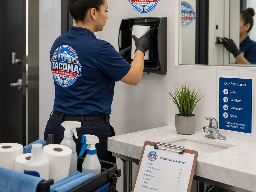 Cleaner restocking paper goods and wiping high-touch surfaces in a commercial restroom